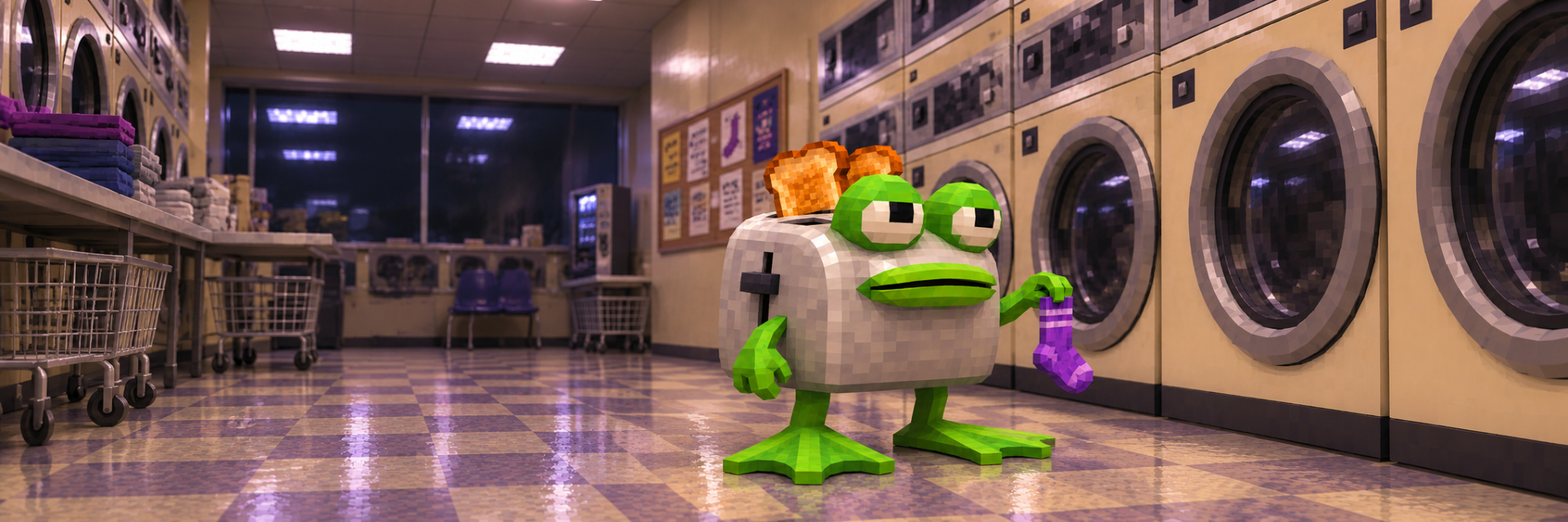 Wide Froaster banner showing a voxel frog toaster in the laundromat