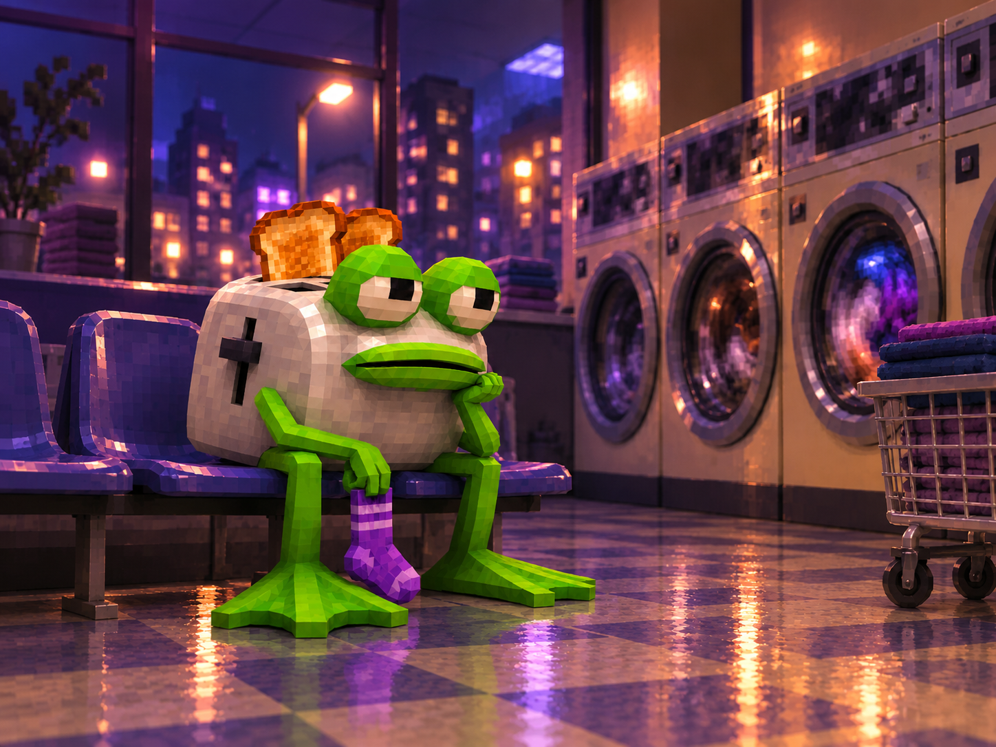 Froaster sitting in the laundromat at night