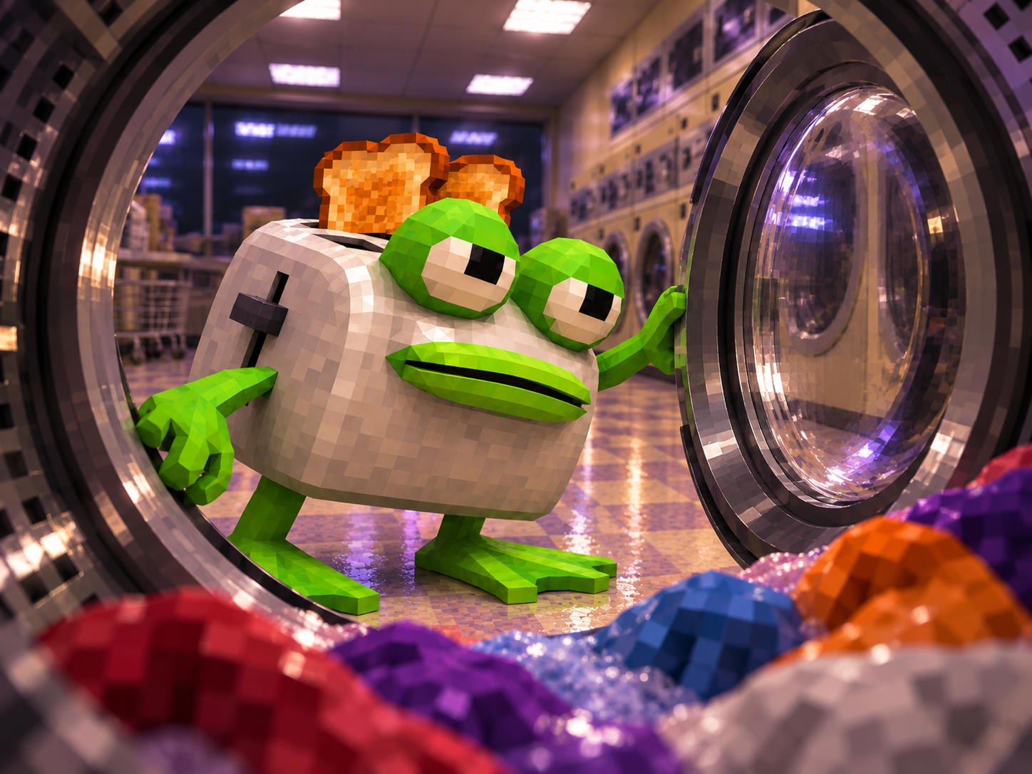 Froaster peeking into a washing machine drum