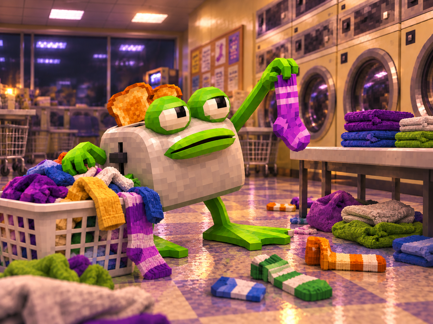 Froaster standing in a neon-lit laundromat