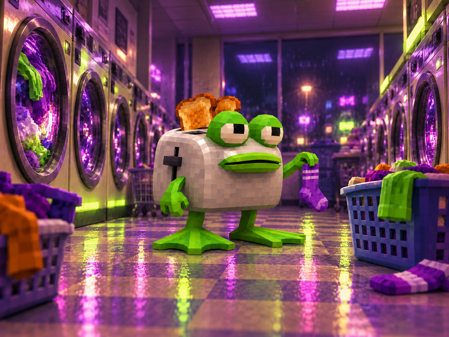 Froaster sorting a basket of colorful laundry